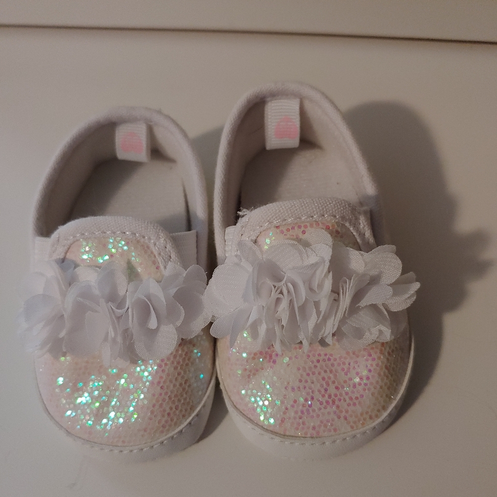 Glittery White Baby Shoes with Floral Accents